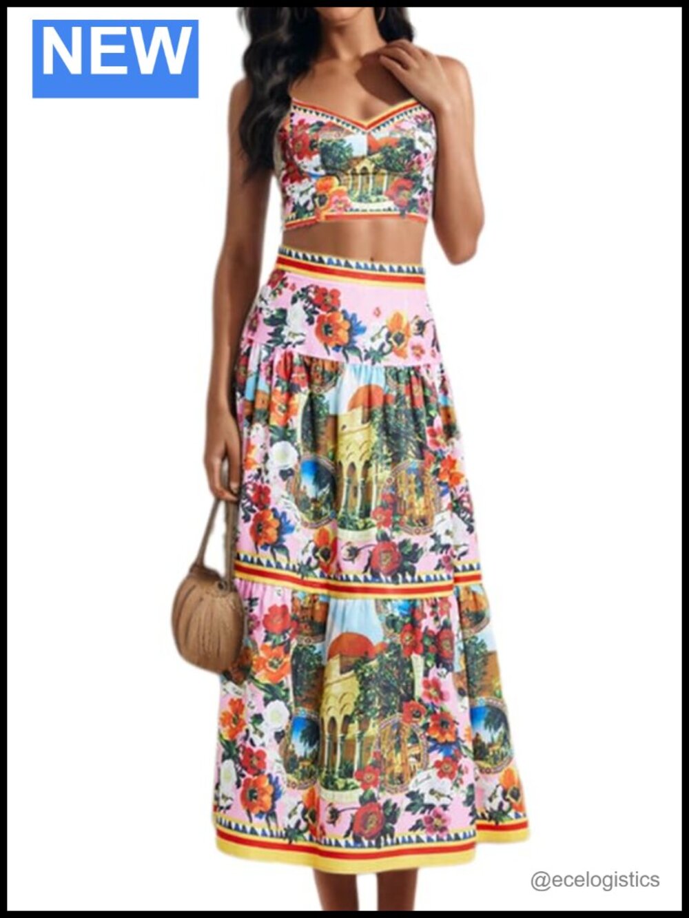 Women 2 Piece Skirt Set Halter Top High Waist Maxi Skirt Floral Print Summer